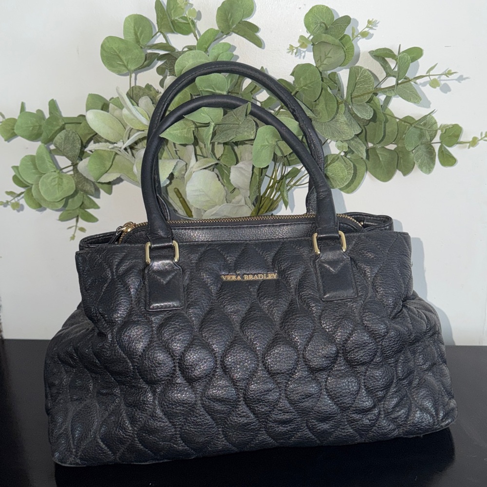 Vera Bradley Black Quilted Leather Satchel Floral Lining Shoulder Bag Classy